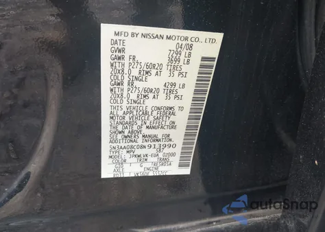 2008 Infiniti Qx56 from USA, damaged, VIN 5N3AA08C08N913990